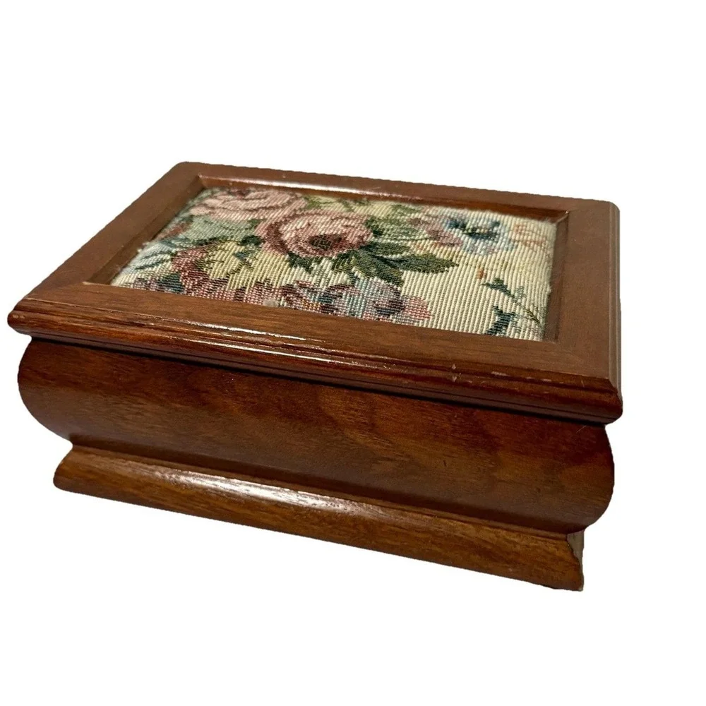 Vtg Wooden Keepsake Jewelry Box Floral Needlepoint Lid Mirrored Gray Interior
